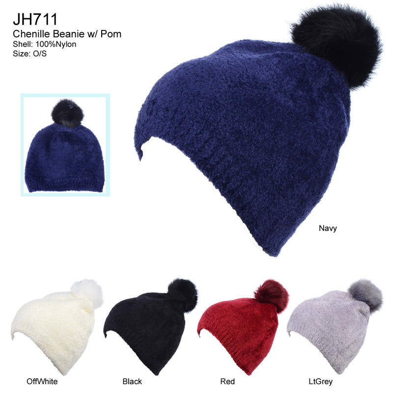JH711 - One Dozen Chenille Beanie Hats w/ POMPOM