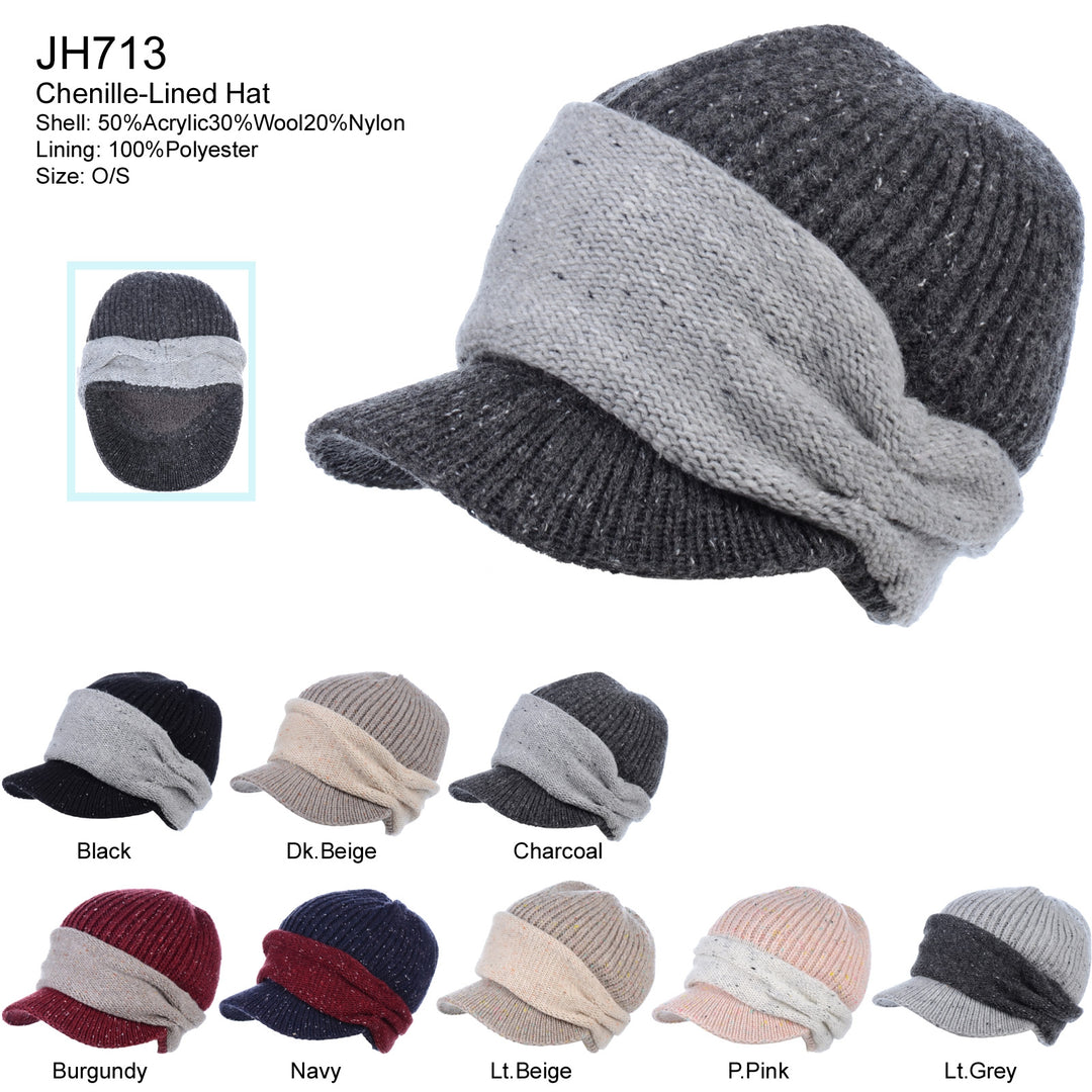 JH713 - One Dozen Knitted Beret Visor Beanie Hat with Scrunchy