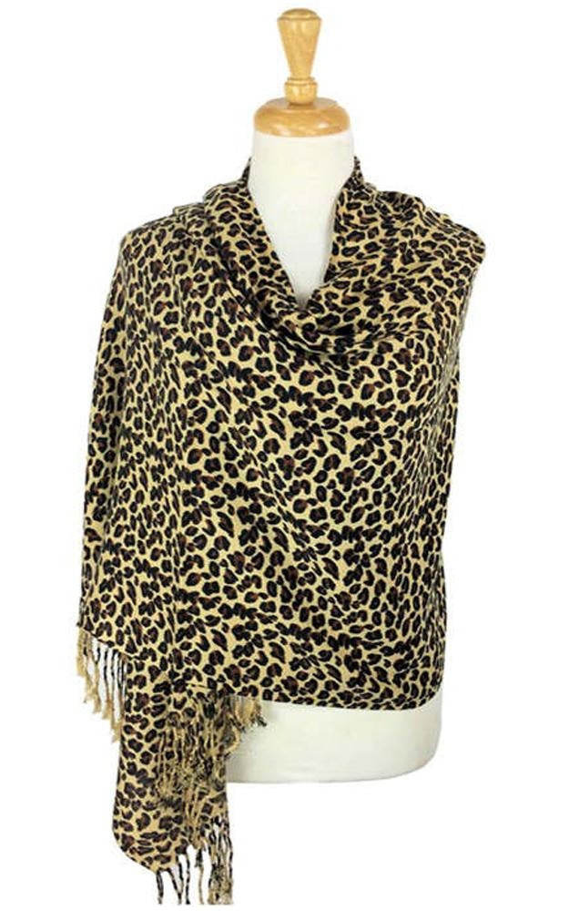 LP01_TAN - Tan Leopard Print Pashmina with Fringe