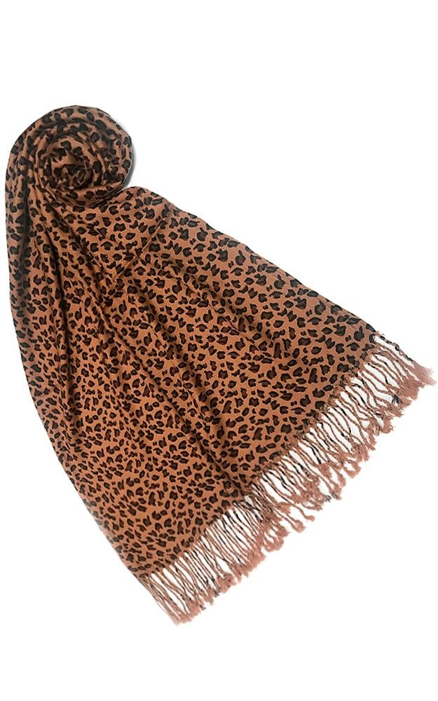 LP02_BROWN - Brown Leopard Print Pashmina with Fringe