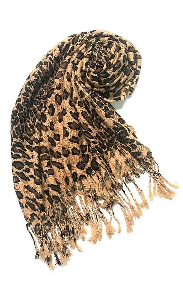 LP03_CAMEL - Camel Leopard Print Pashmina with Fringe