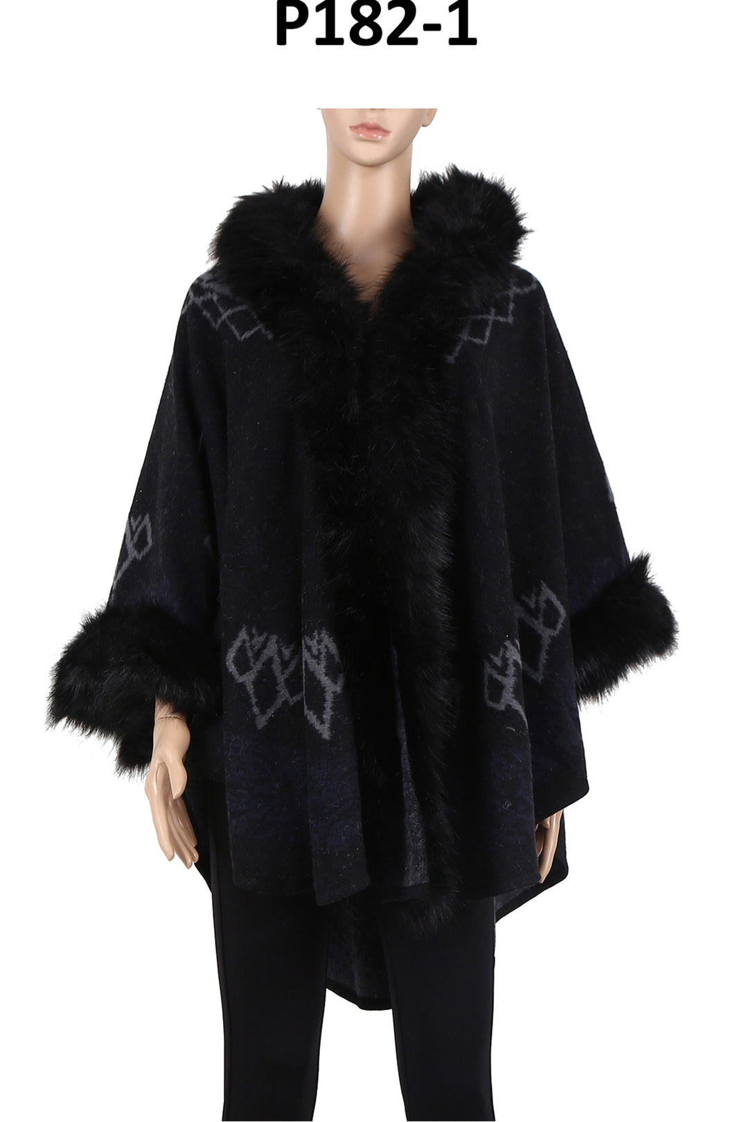 P182_Black Multi Pattern Faux Fur Trim Shawl