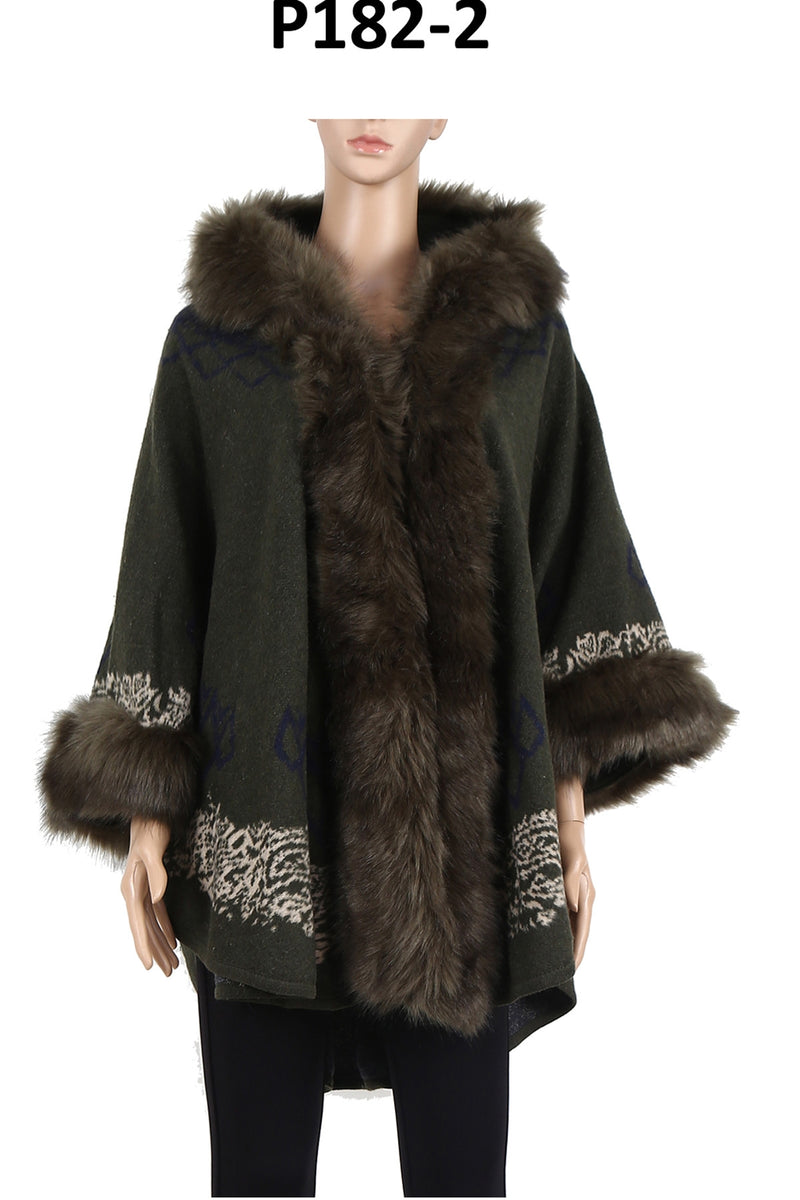 P182_Olive Multi Pattern Faux Fur Trim Shawl