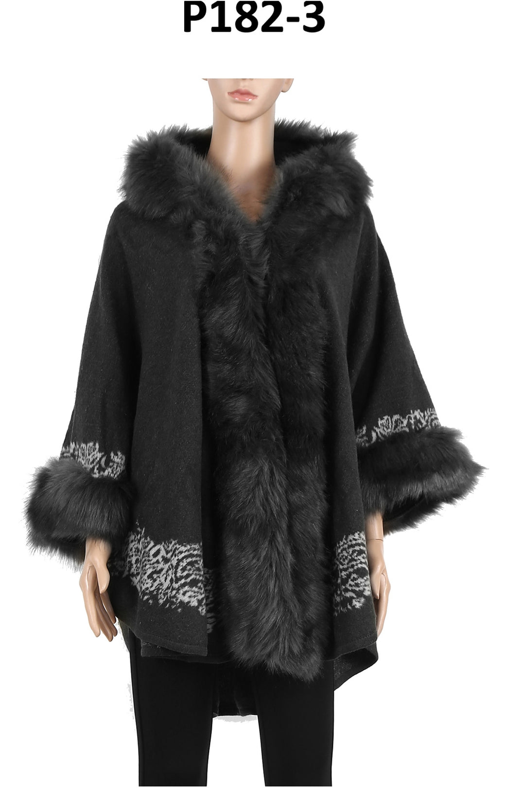 P182_Charcoal Multi Pattern Faux Fur Trim Shawl