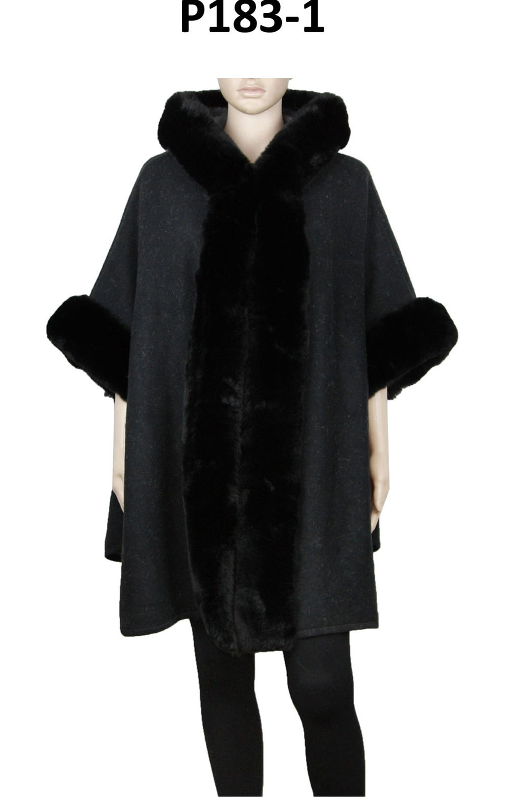 P183_Black Fur Trim Cape Shawl