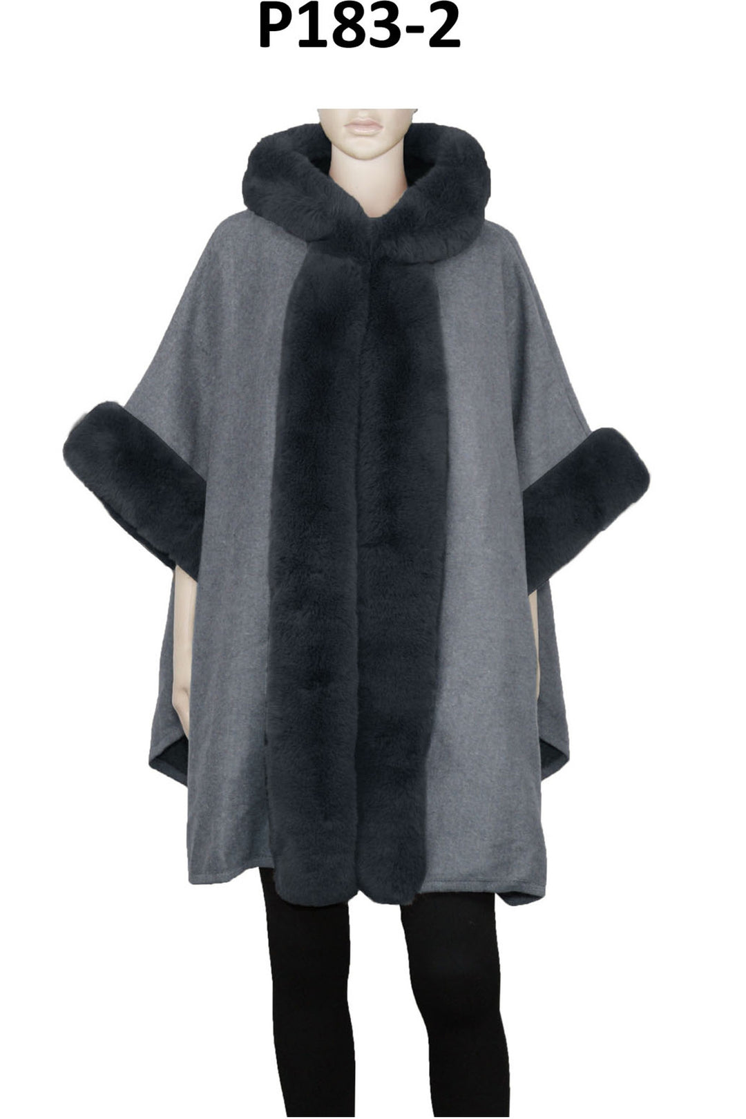 P183_Charcoal Fur Trim Cape Shawl