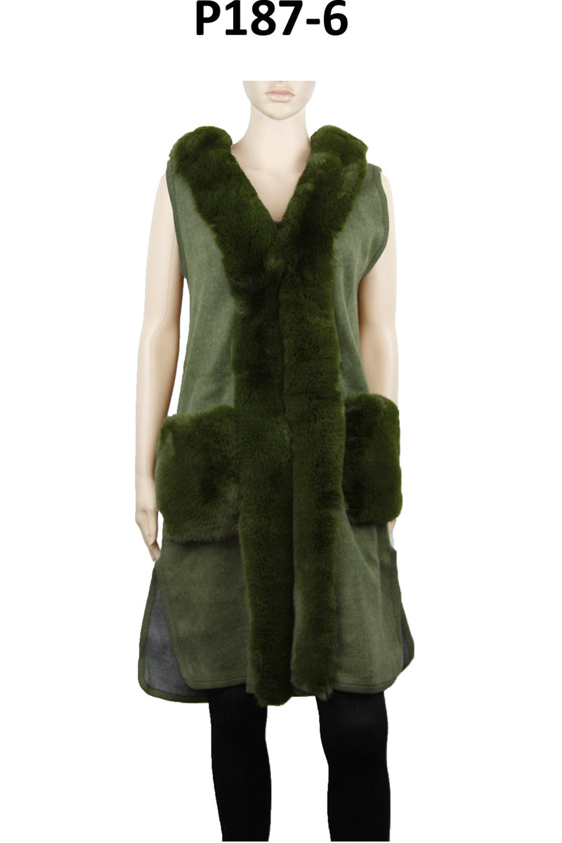 P187_Olive Fur Trim Cape Vest With Buckle