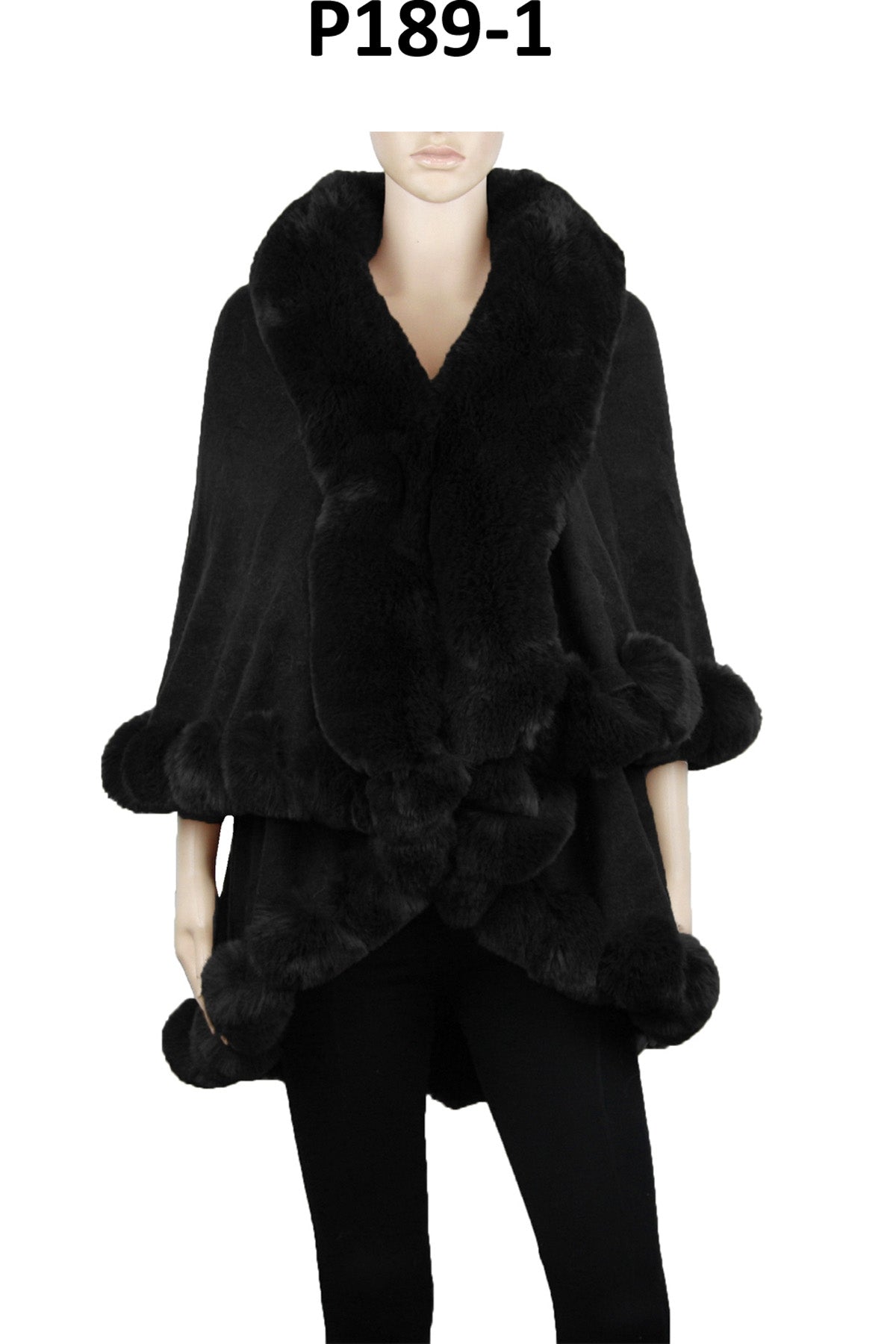 P189_Black Solid Color Fur Trim Shawl/Poncho with arm hole