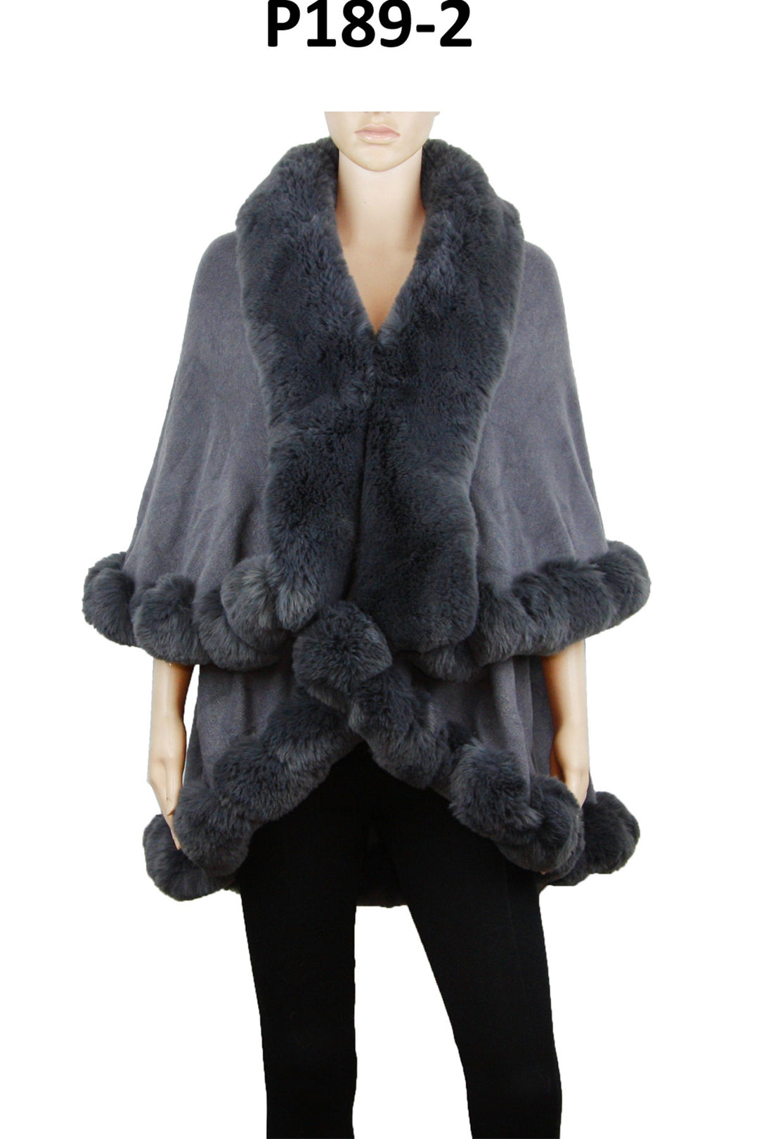 P189_Charcoal Solid Color Fur Trim Shawl/Poncho with arm hole