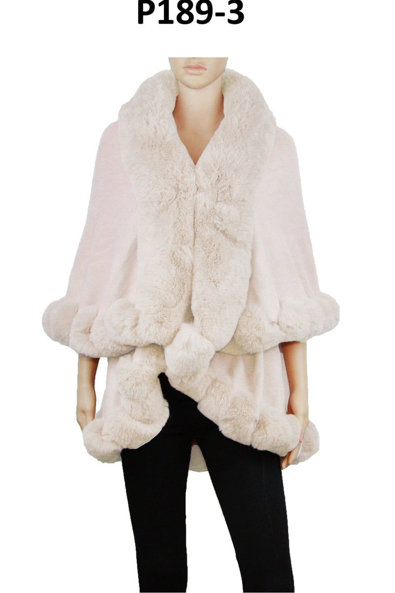 P189_Ivory Solid Color Fur Trim Shawl/Poncho with arm hole