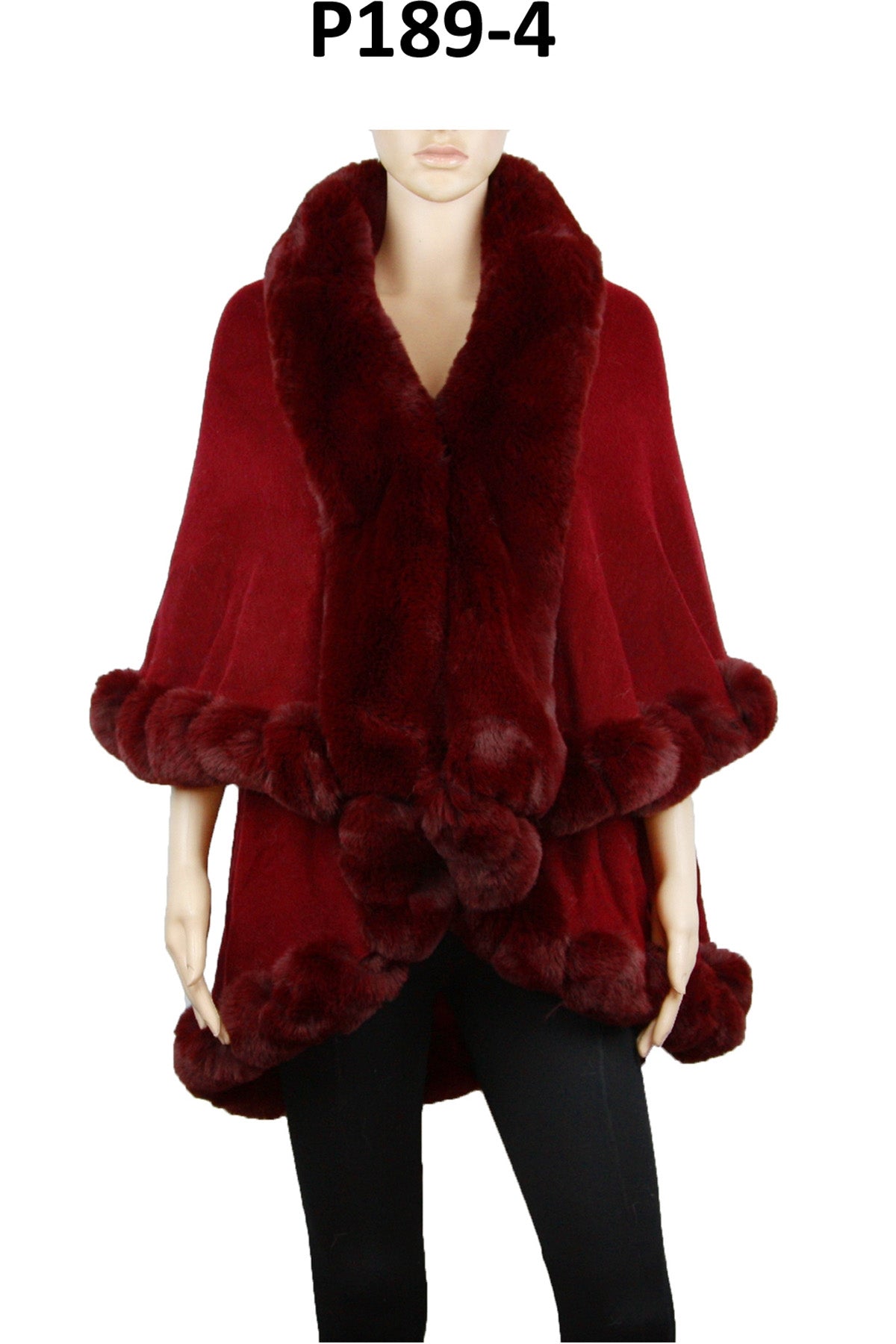 P189_Burgundy Solid Color Fur Trim Shawl/Poncho with arm hole