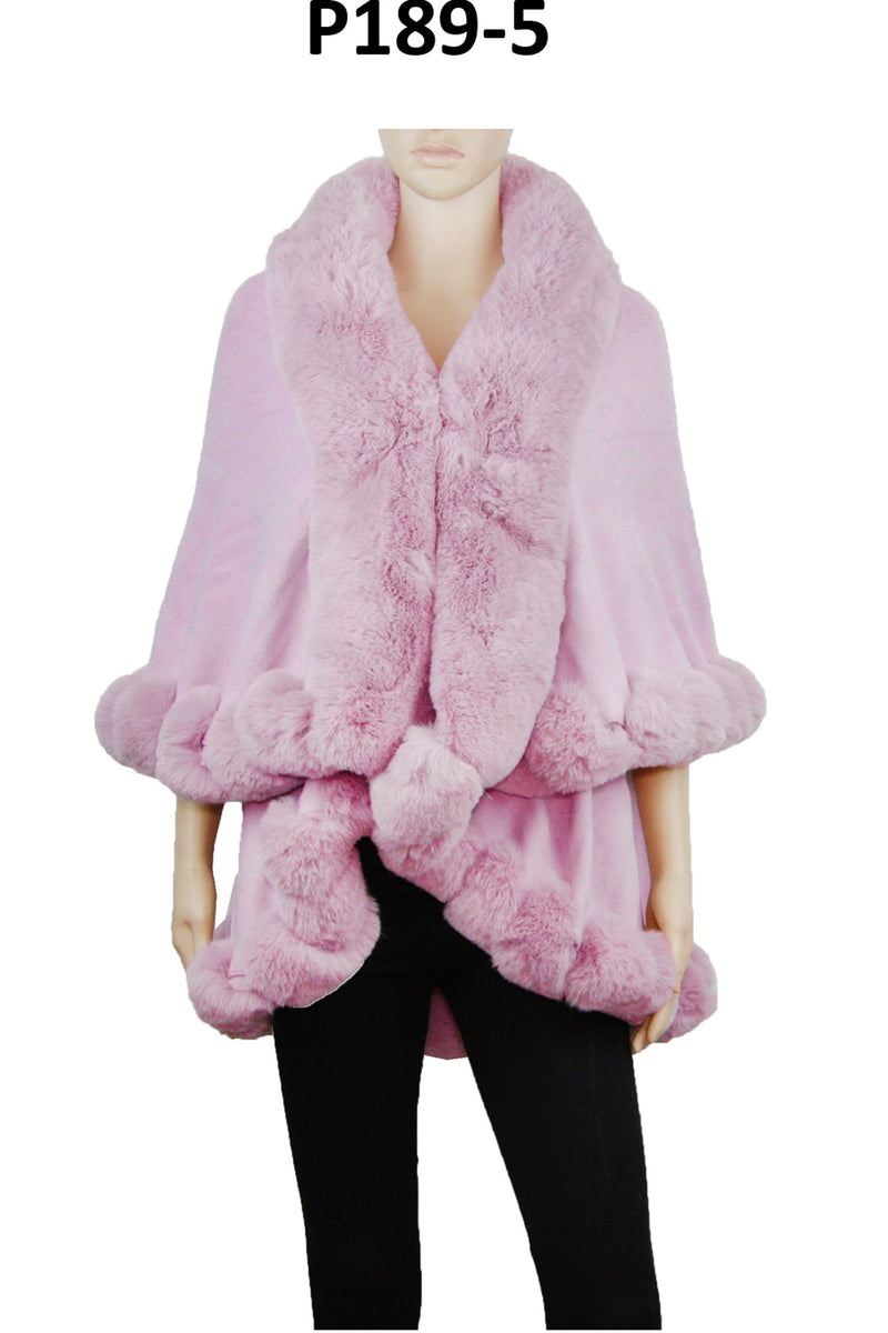 P189_Pink Solid Color Fur Trim Shawl/Poncho with arm hole