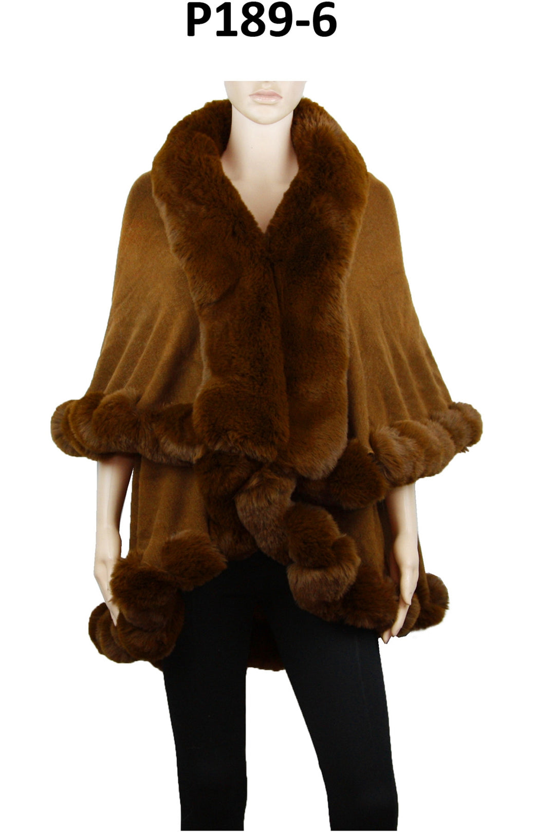 P189_Khaki Solid Color Fur Trim Shawl/Poncho with arm hole