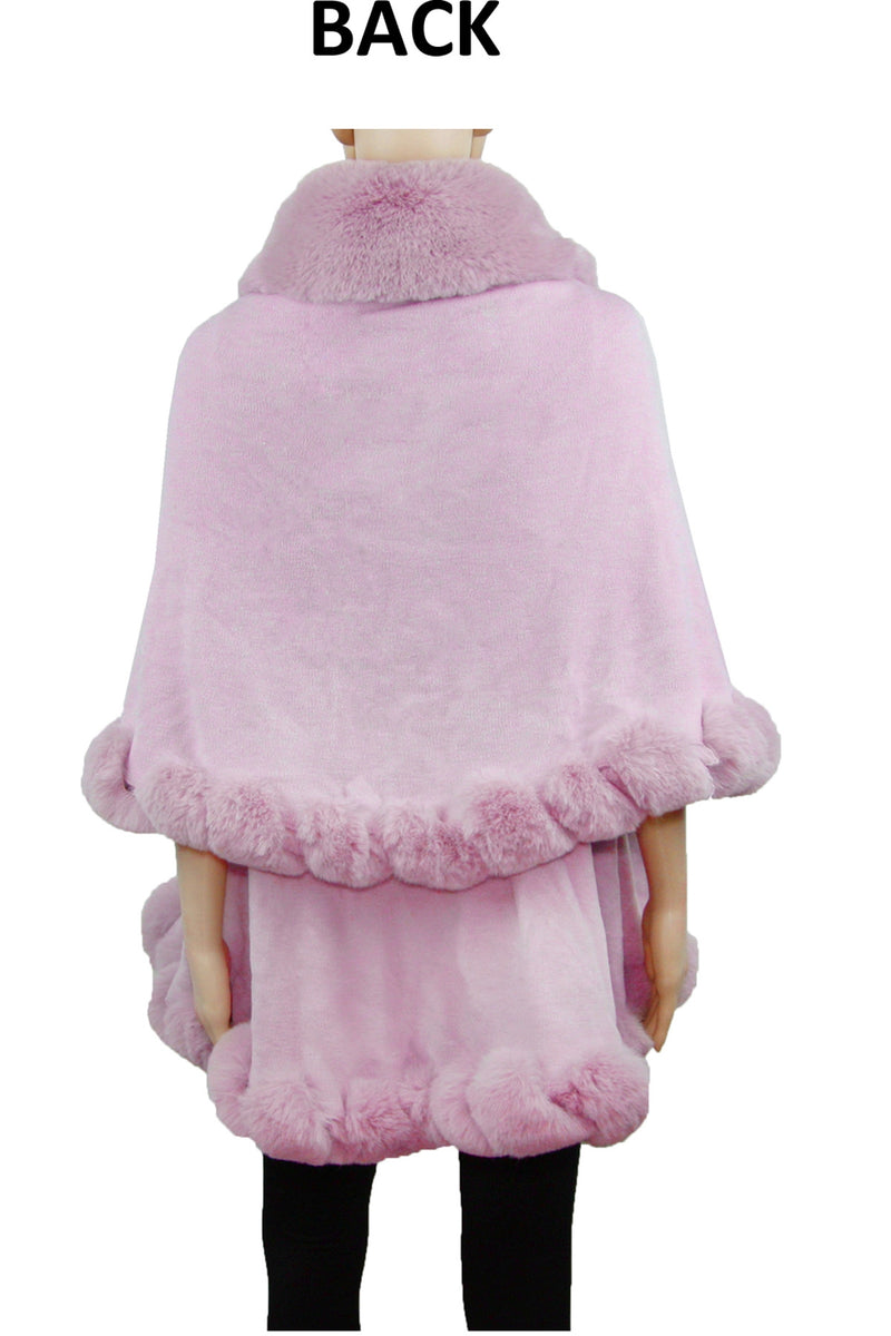 P189_Pink Solid Color Fur Trim Shawl/Poncho with arm hole