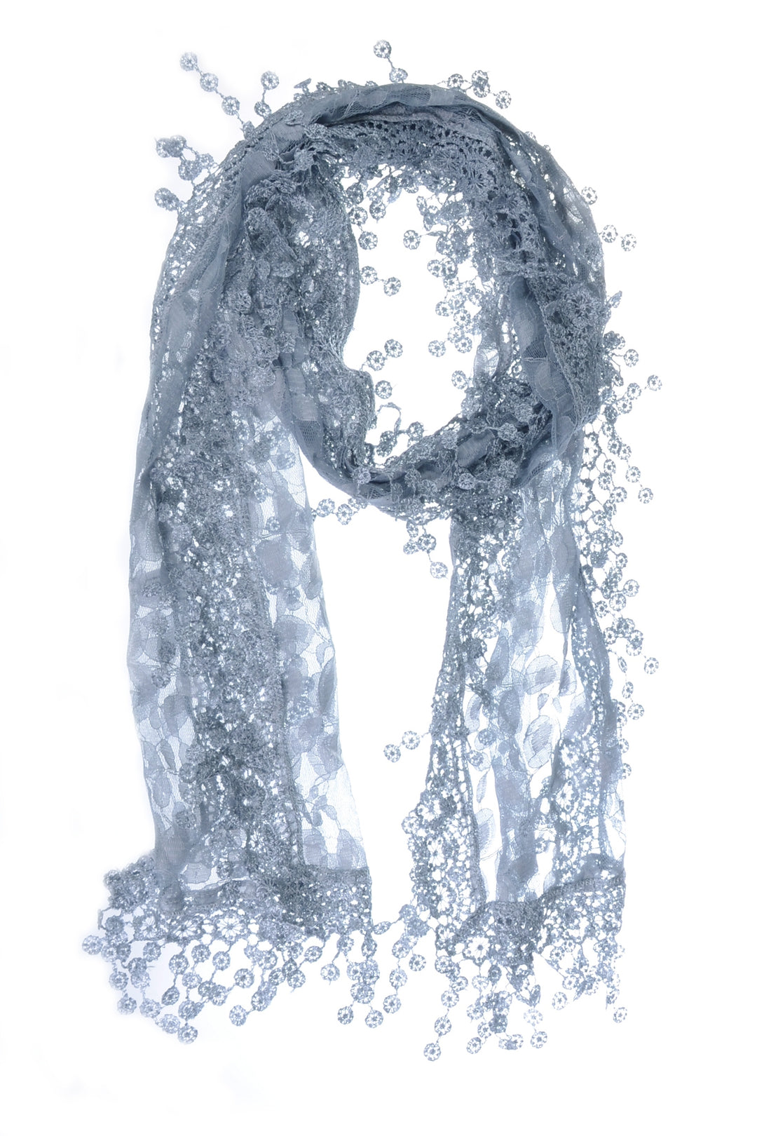 S2149_GREY - One Piece Leaf Pattern Lace Scarf with Tassels