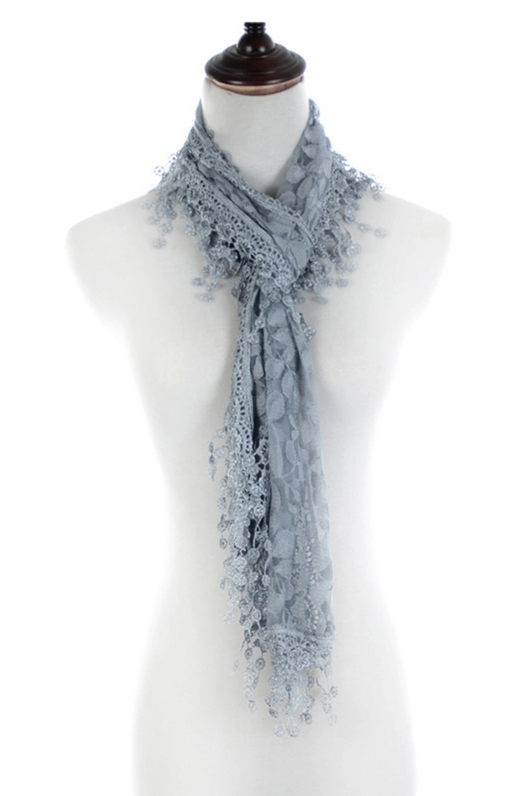 S2149_GREY - One Piece Leaf Pattern Lace Scarf with Tassels