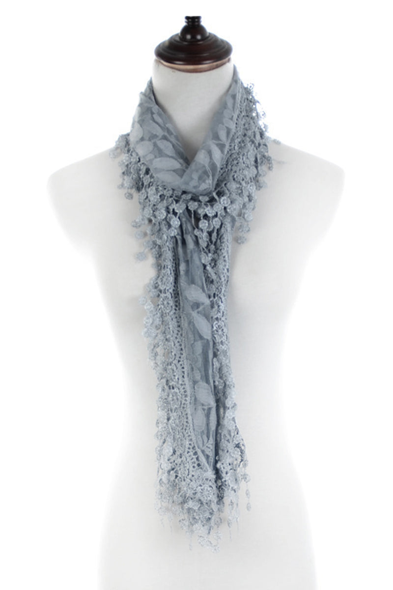 S2149_GREY - One Piece Leaf Pattern Lace Scarf with Tassels