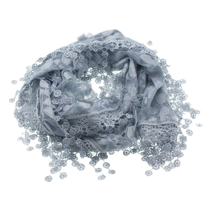 S2149_GREY - One Piece Leaf Pattern Lace Scarf with Tassels
