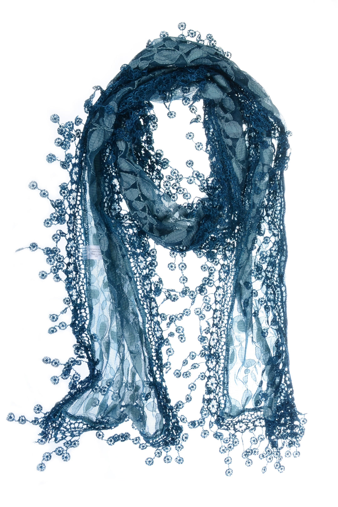 S2149_TEAL - One Piece Leaf Pattern Lace Scarf with Tassels