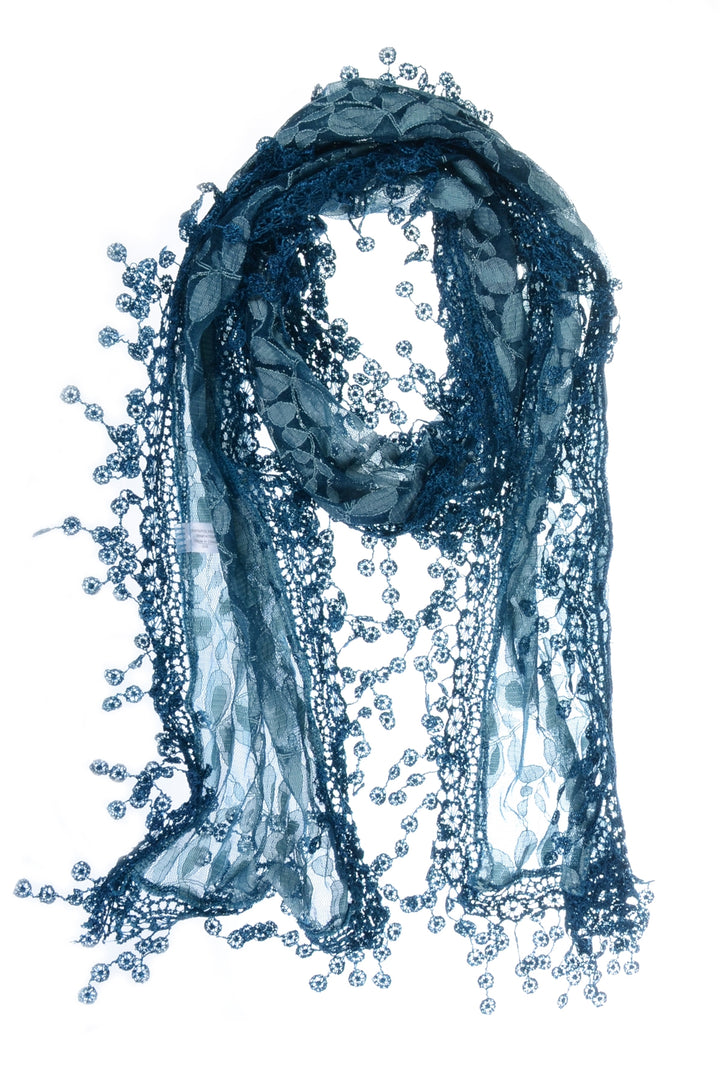 S2149_TEAL - One Piece Leaf Pattern Lace Scarf with Tassels