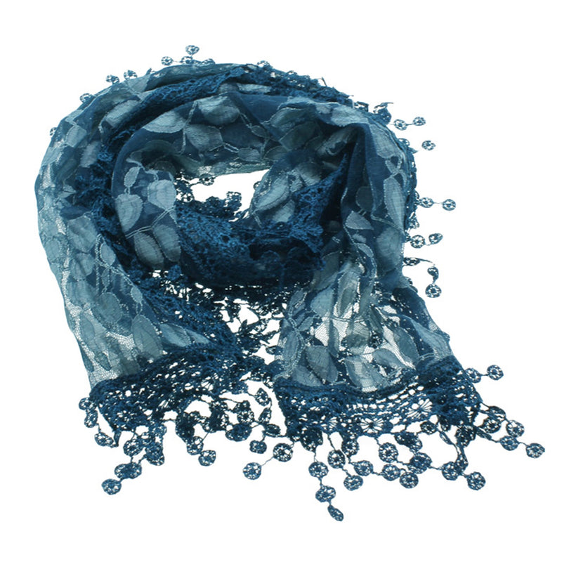 S2149_TEAL - One Piece Leaf Pattern Lace Scarf with Tassels