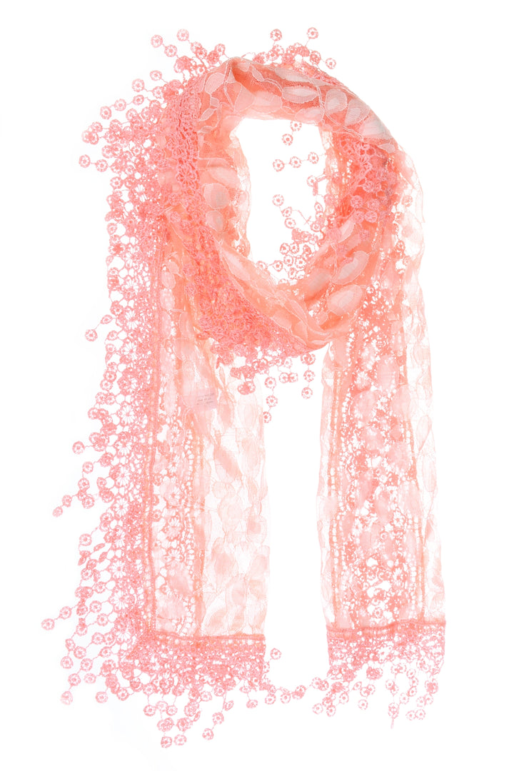 S2149_CORAL - One Piece Leaf Pattern Lace Scarf with Tassels