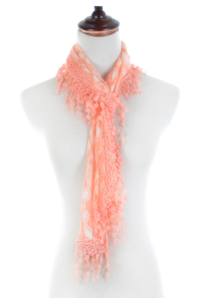 S2149_CORAL - One Piece Leaf Pattern Lace Scarf with Tassels