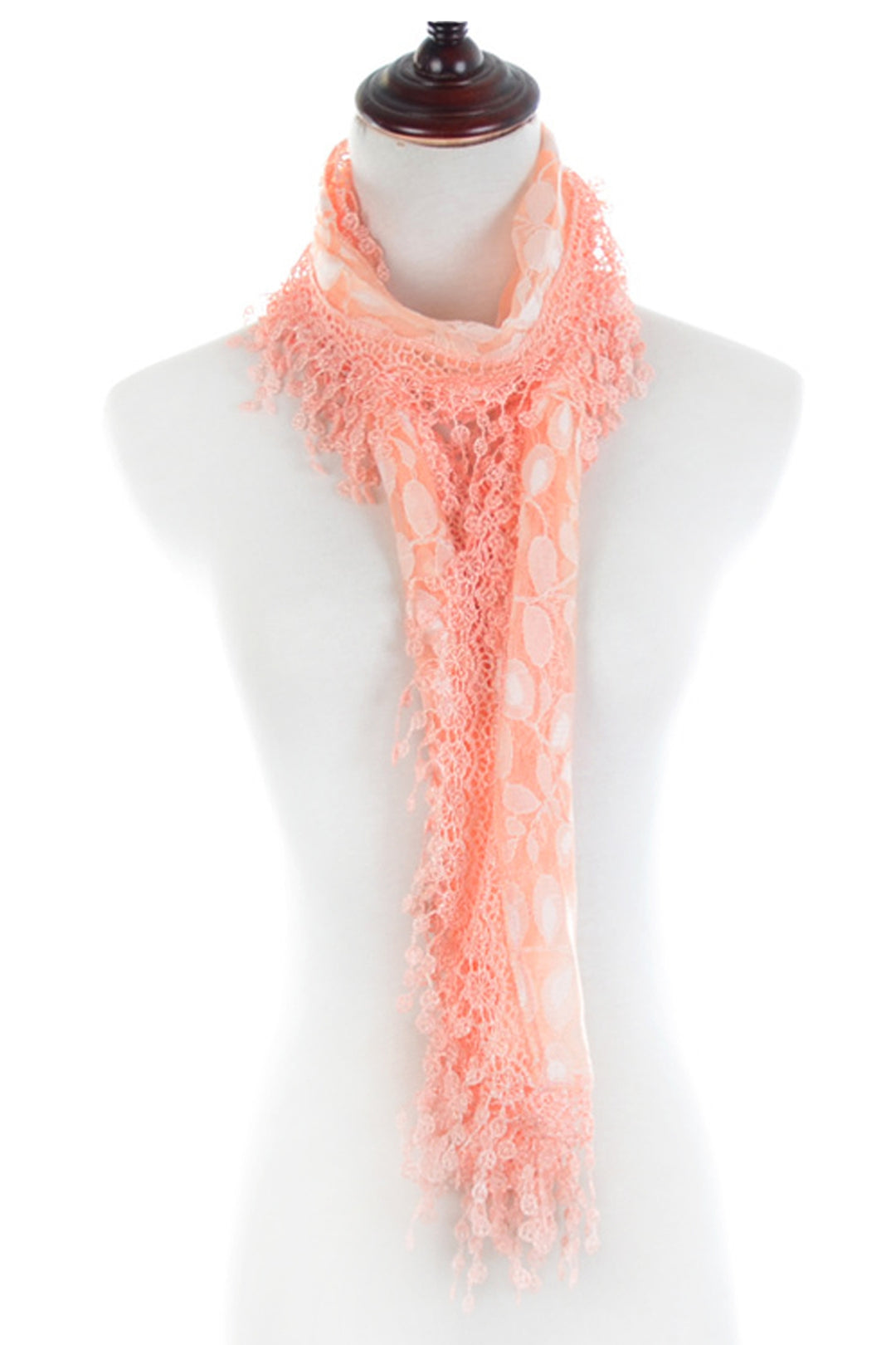 S2149_CORAL - One Piece Leaf Pattern Lace Scarf with Tassels