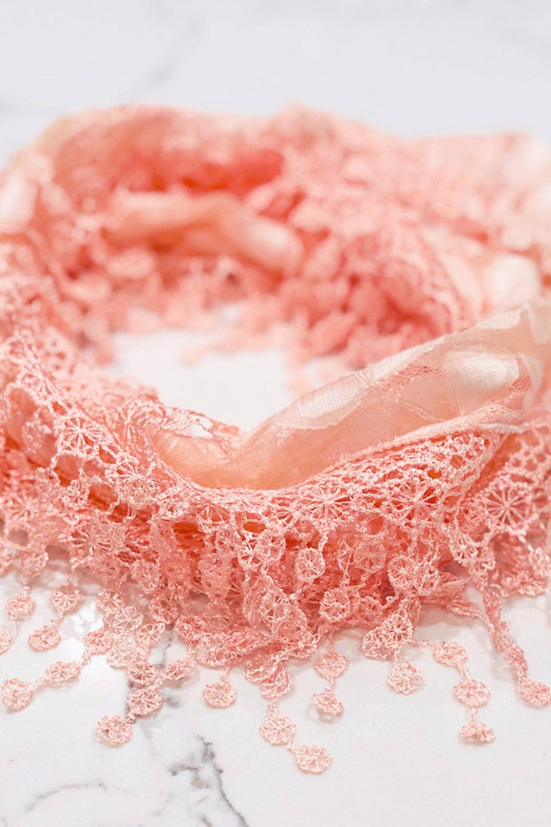 S2149_CORAL - One Piece Leaf Pattern Lace Scarf with Tassels