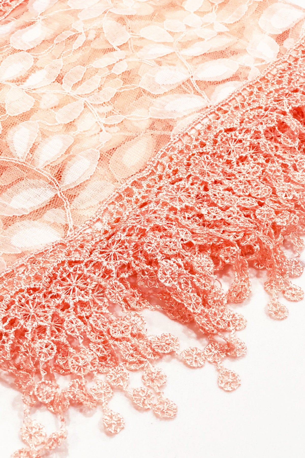 S2149_CORAL - One Piece Leaf Pattern Lace Scarf with Tassels