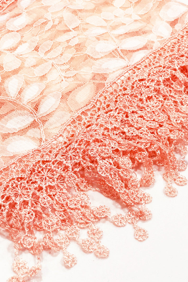 S2149_CORAL - One Piece Leaf Pattern Lace Scarf with Tassels