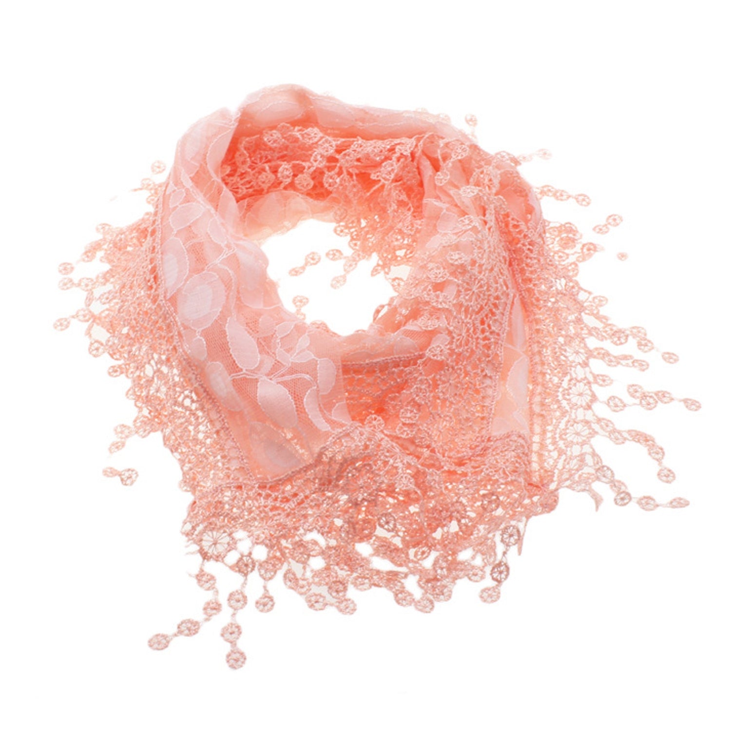 S2149_CORAL - One Piece Leaf Pattern Lace Scarf with Tassels