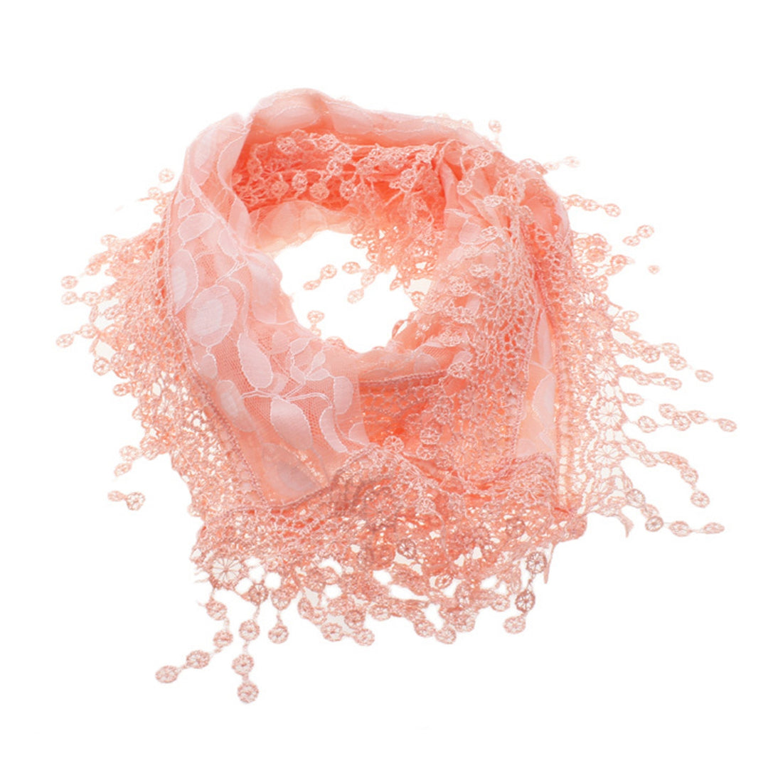 S2149_CORAL - One Piece Leaf Pattern Lace Scarf with Tassels