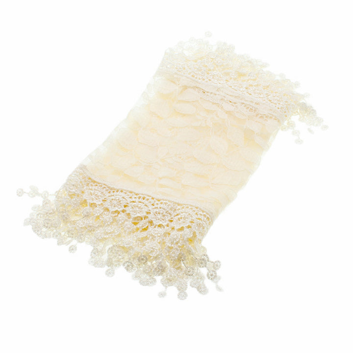 S2149_IVORY - One Piece Leaf Pattern Lace Scarf with Tassels