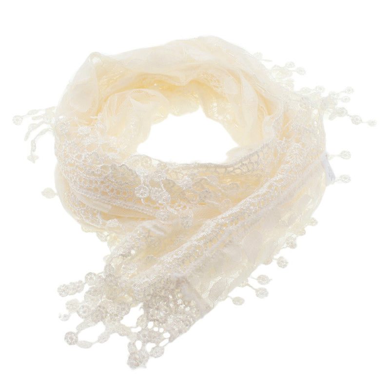 S2149_IVORY - One Piece Leaf Pattern Lace Scarf with Tassels